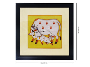 Pichwai Hand Painting Wall Hanging Cow-N-Calf with Fiber Frame 13.5"x13.5"