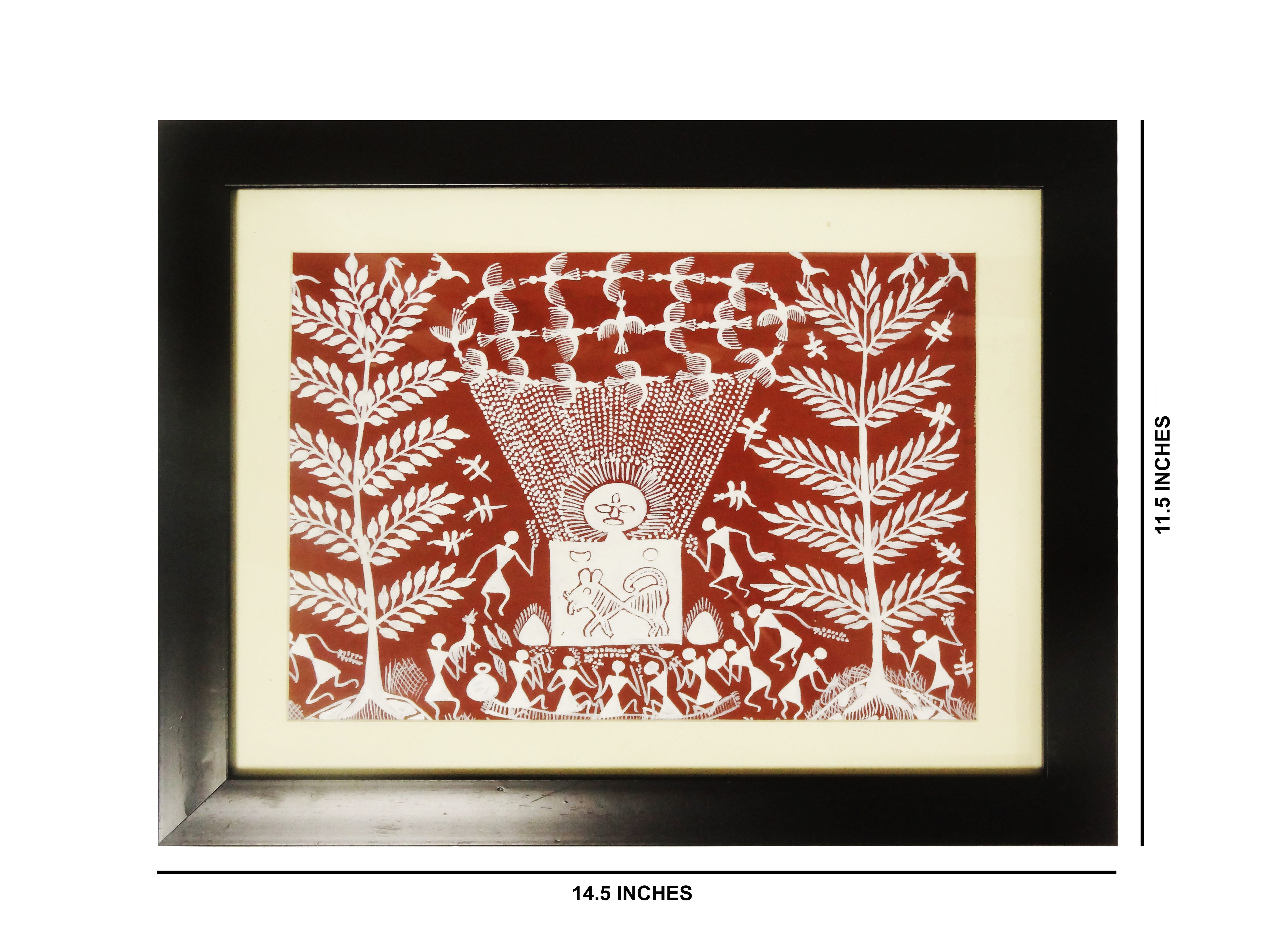 Warli Hand Painting Wall Hanging Harvest Festival with Fiber Frame 14.5"x11.5"