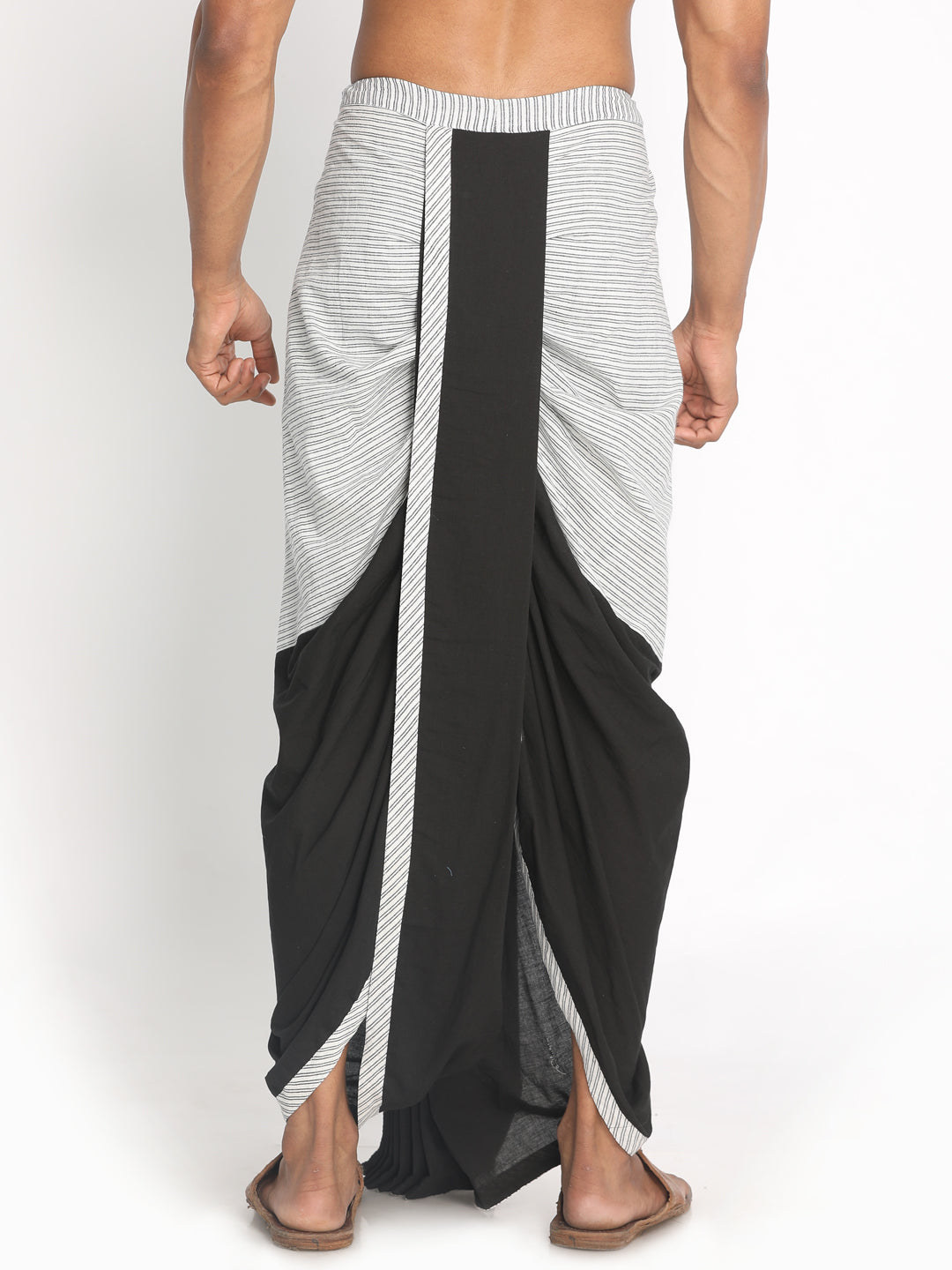 Nakshi Black & White Striped Handloom Rayon Dhoti