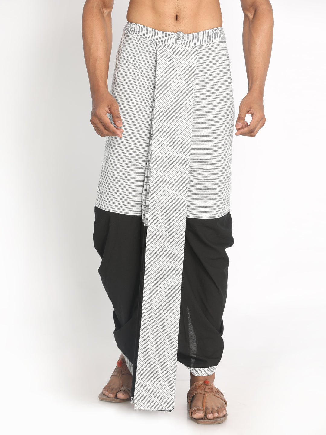 Black & White Striped Handloom Cotton Dhoti