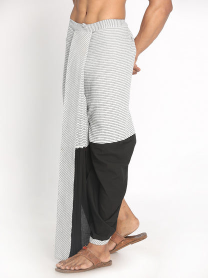 Nakshi Black & White Striped Handloom Rayon Dhoti