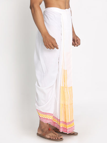 Nakshi White Rayon Ethnic Pattern Hand-Block Print Dhoti