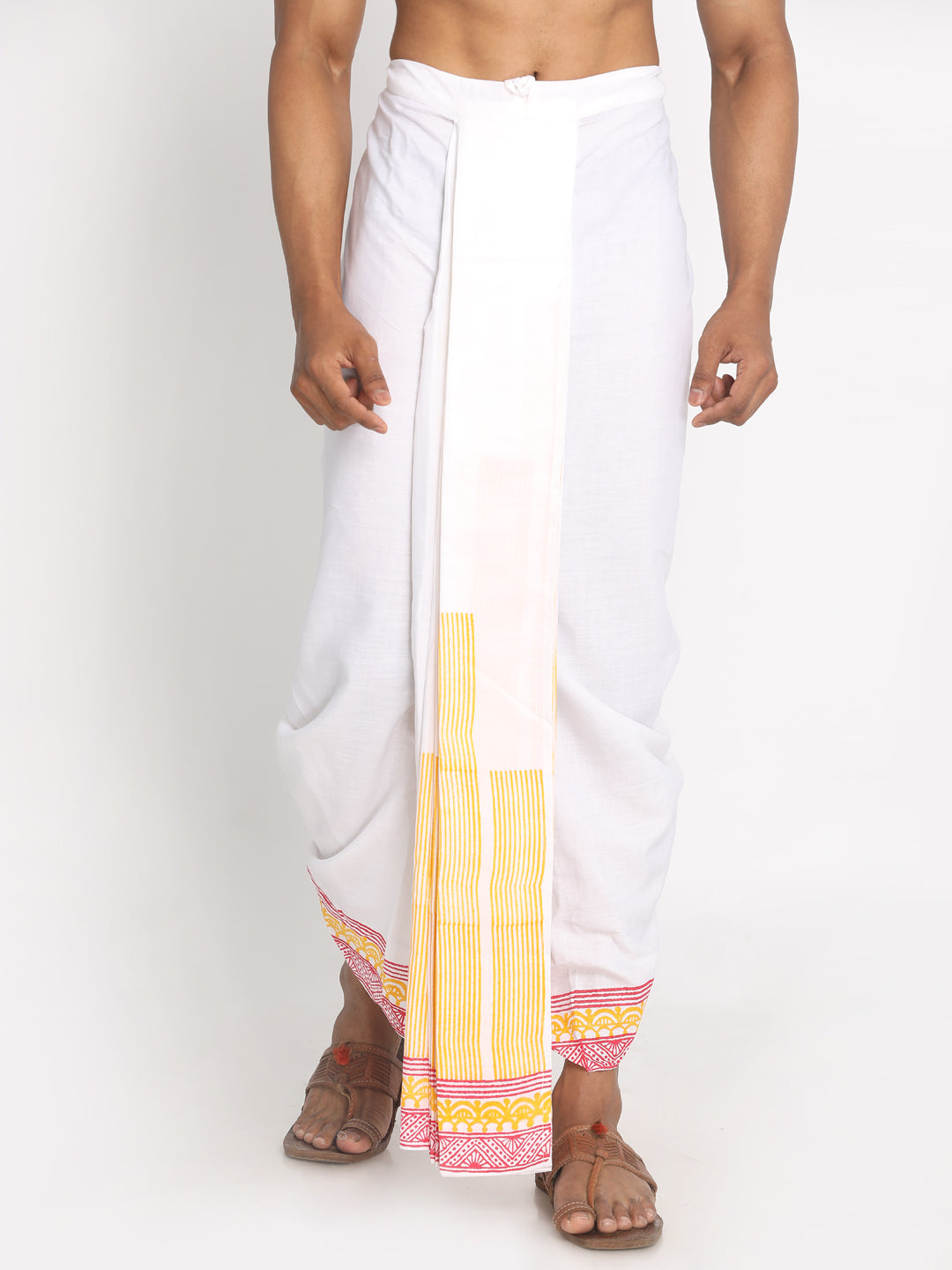 Nakshi White Rayon Ethnic Pattern Hand-Block Print Dhoti