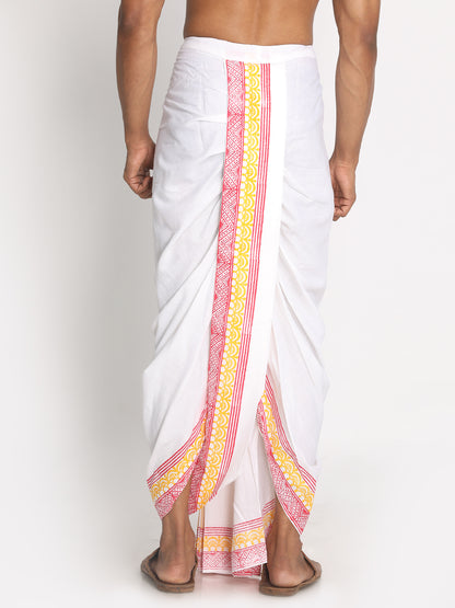 Nakshi White Rayon Ethnic Pattern Hand-Block Print Dhoti