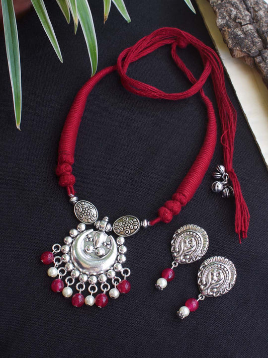 Nakshi Handcrafted Red Thread, German Silver, Art Peal & Ruby Red Onyx Moon Shape Necklace Set