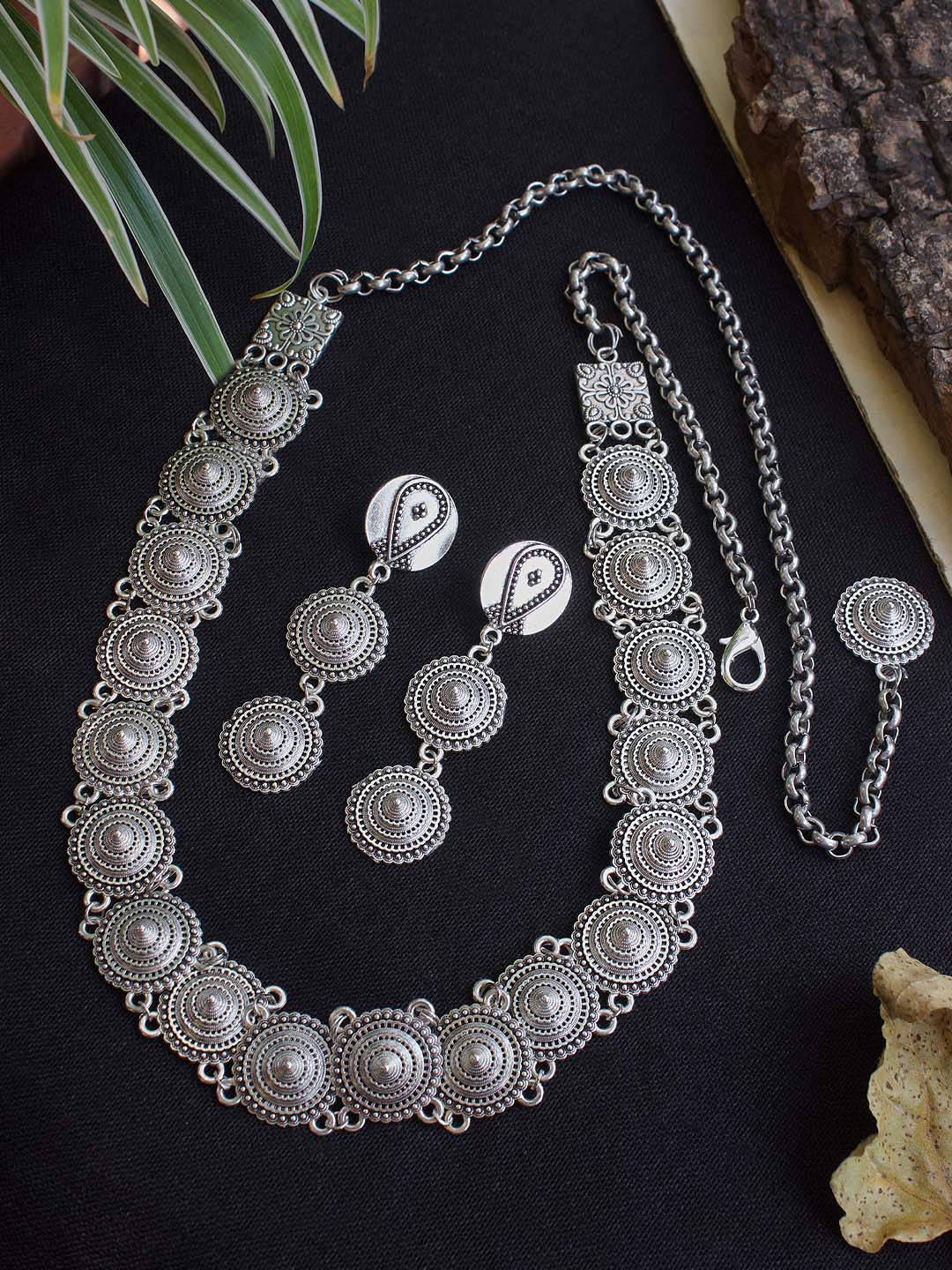 Nakshi Handcrafted German Silver Round Shape Necklace Set