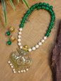 Nakshi Traditional Handcrafted Green Beads, Pearl & Gold Metal Betel Leaf Shape Necklace Set