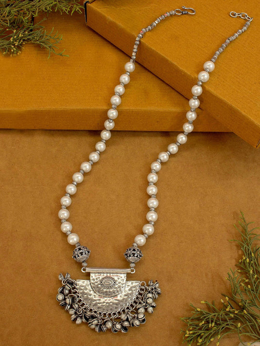 Nakshi Handcrafted German Silver & Art Pearl Fan Shape Floral Shape Necklace