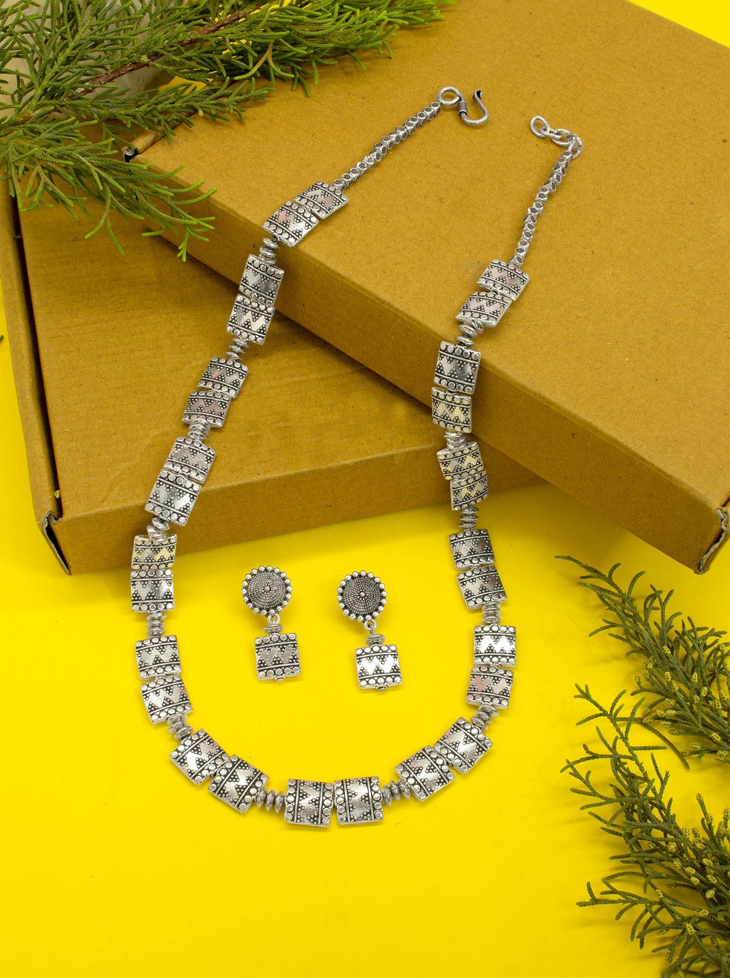 Nakshi Handcrafted German Silver Square Shape Necklace Set