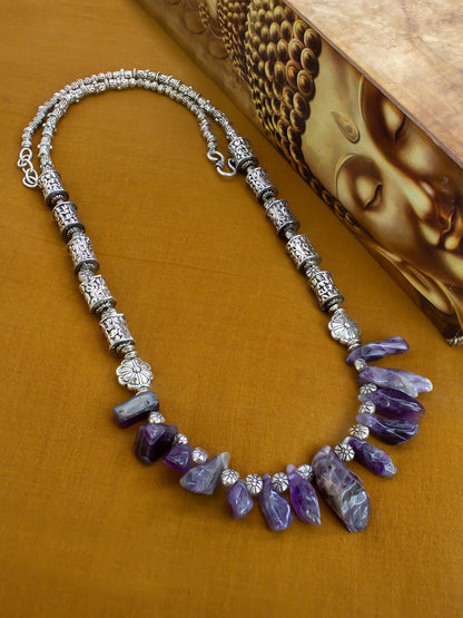 Nakshi Handcrafted German Silver & Purple Stone Asymatrical Shape Necklace
