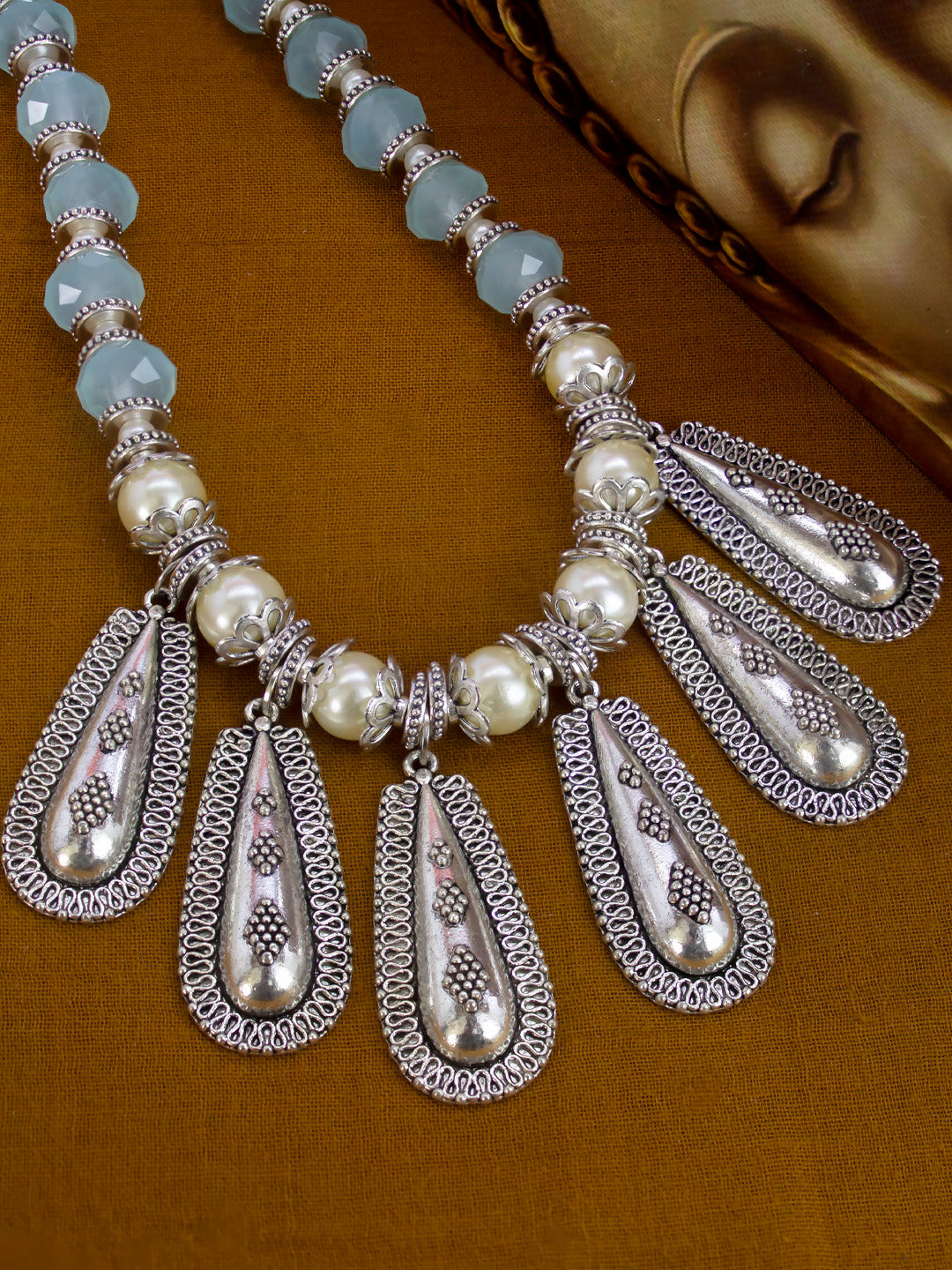 Nakshi German Silver & Sky Blue Crystal Water Drop Shape Necklace Set