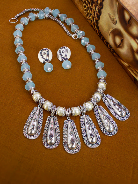 Nakshi German Silver & Sky Blue Crystal Water Drop Shape Necklace Set