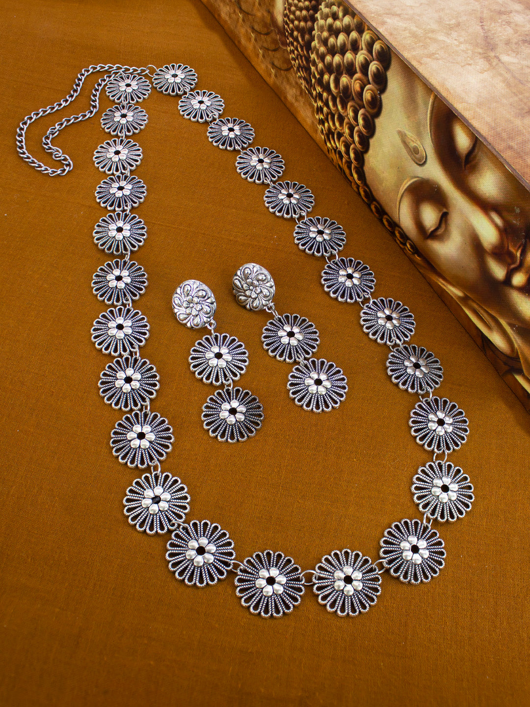 Nakshi Handcrafted German Silver Floral Shape Necklace Set
