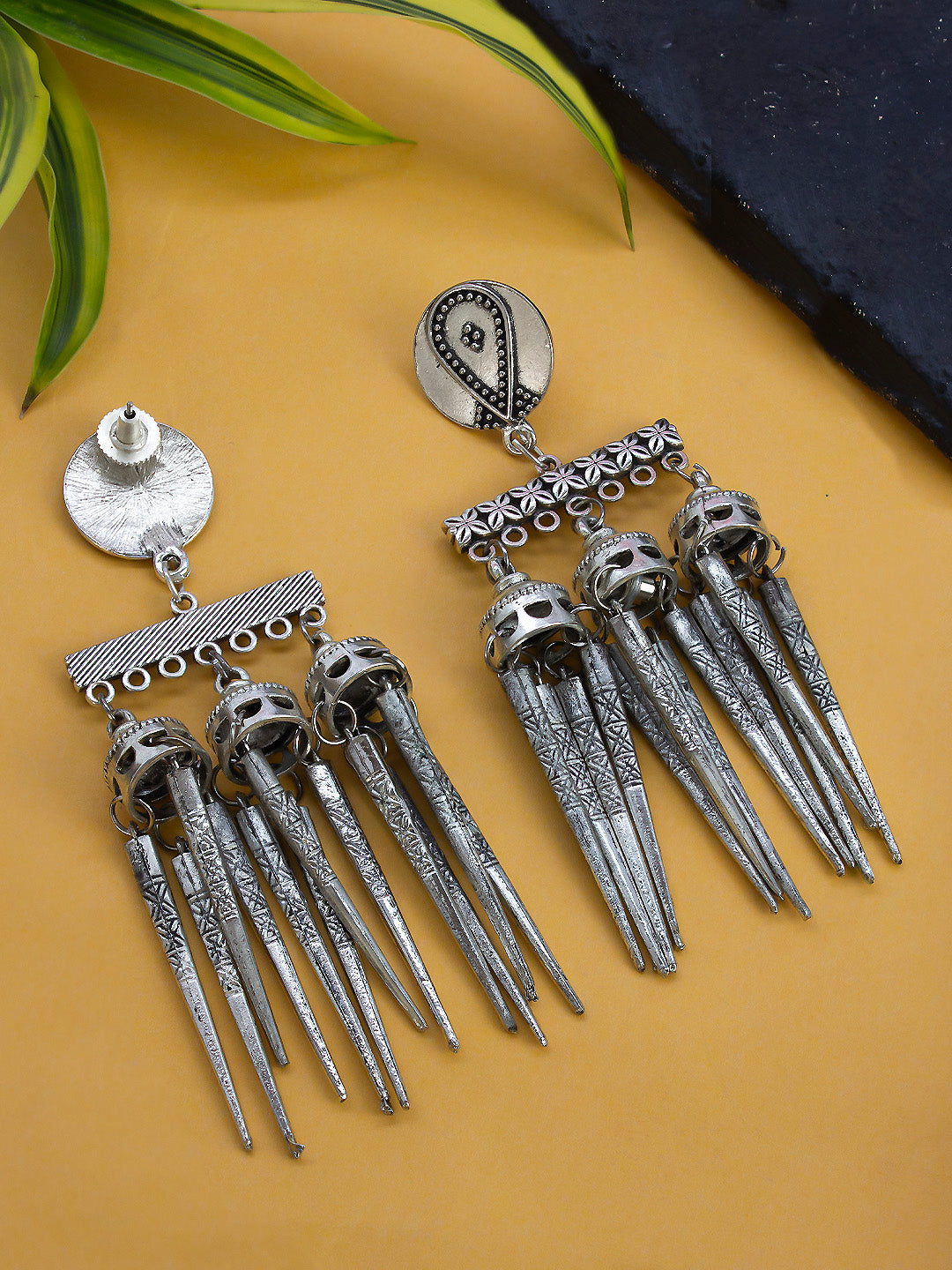 Nakshi Handcrafted German Silver Tassels Shape Eardrop Earring