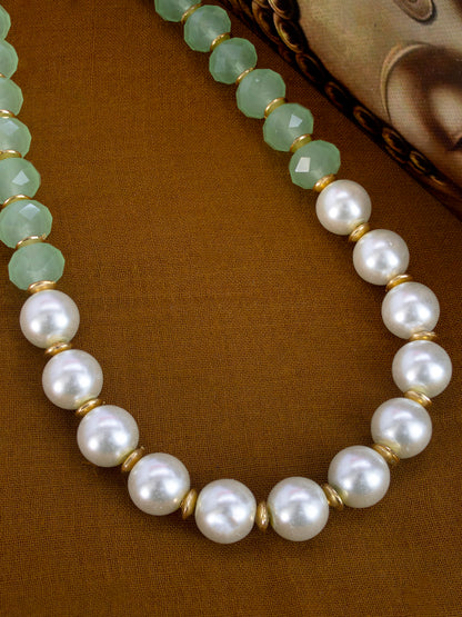 Nakshi Handcrafted Light Green Crystals, Gold Metal & Art Pearl Necklace Set