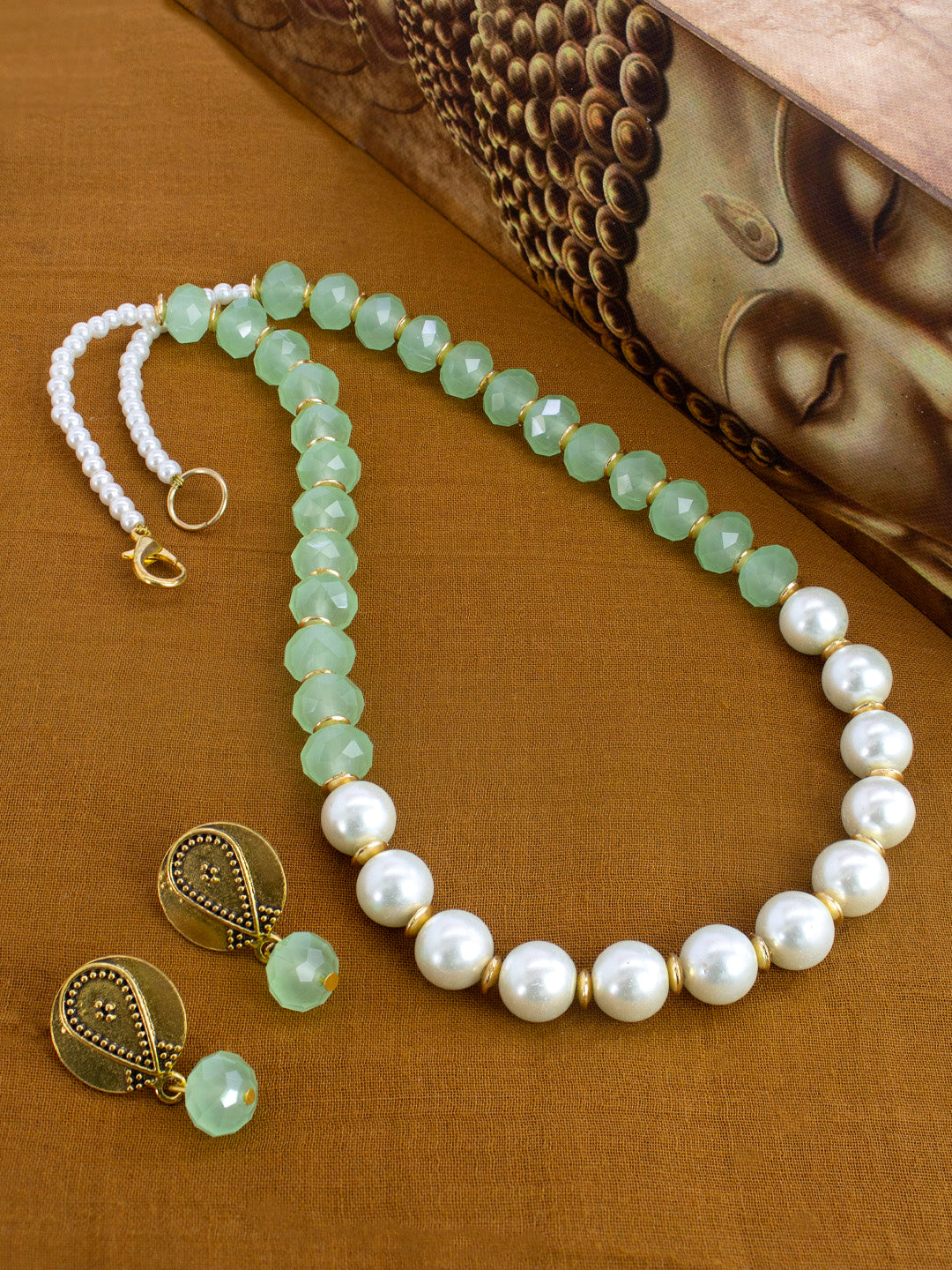 Handcrafted Light green crystals gold metal & art pearl necklace set