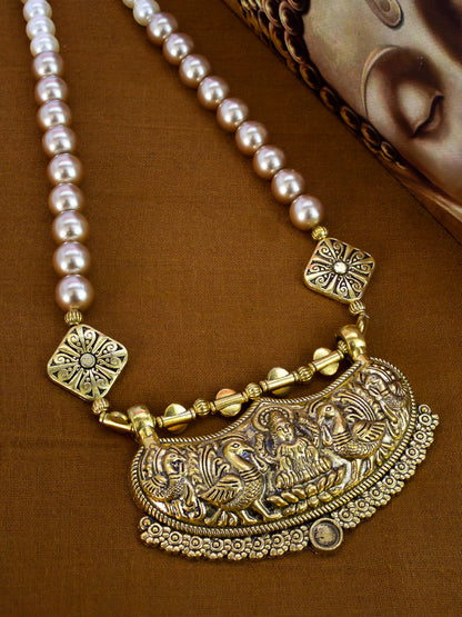 Nakshi Traditional Handcrafted Art Pearl Bead & Gold Metal Goddess Lakshmi Necklace Set