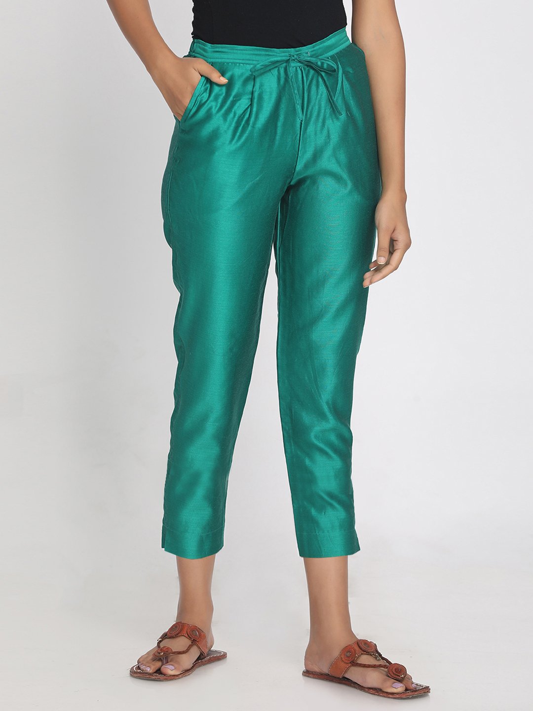 Pure chanderi green solid cropped pant