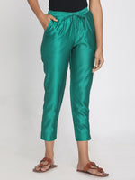 Load image into Gallery viewer, Pure chanderi green solid cropped pant
