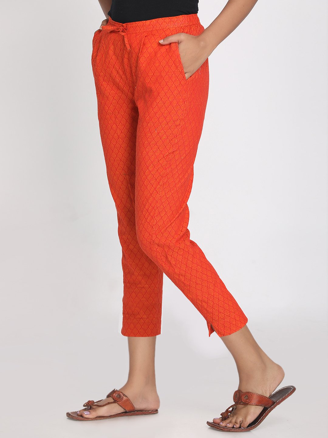 100% cotton orange self designed cropped pant