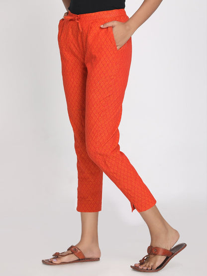 Nakshi 100% Cotton Orange Self Designed Cropped Pant