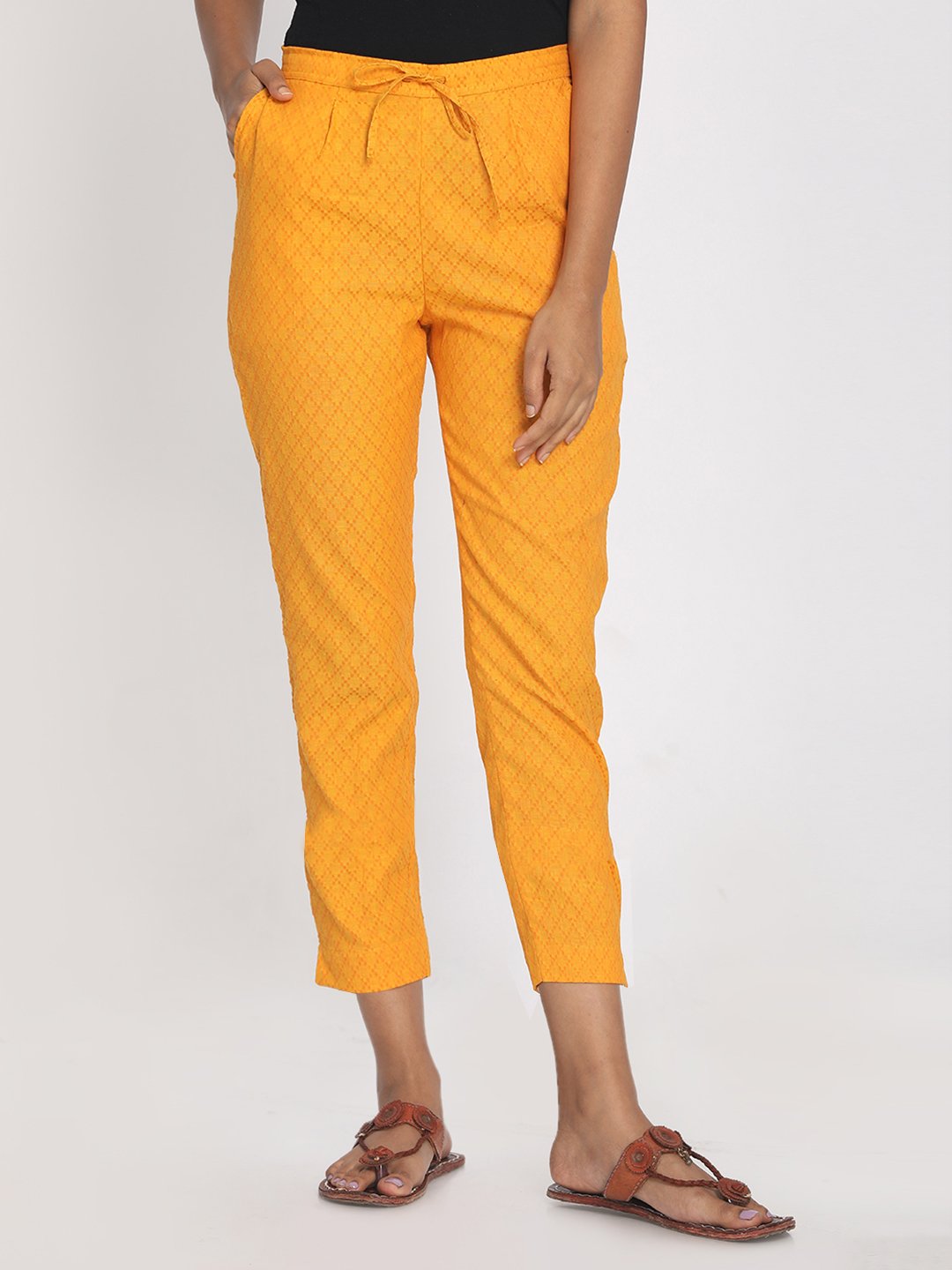 100% cotton yellow self designed cropped pant