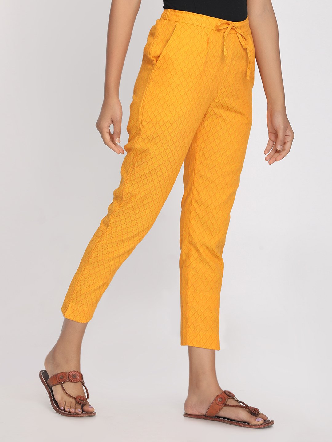 100% cotton yellow self designed cropped pant