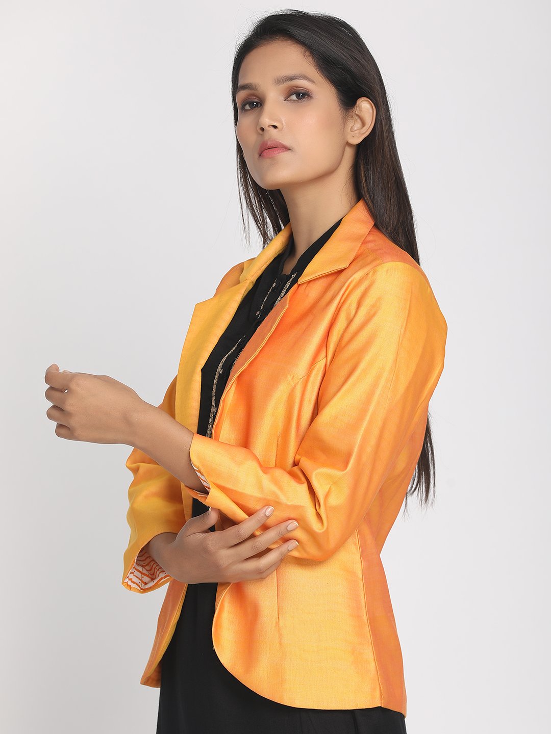 Nakshi Yellow Chanderi Silk Women's Lapeled Jacket