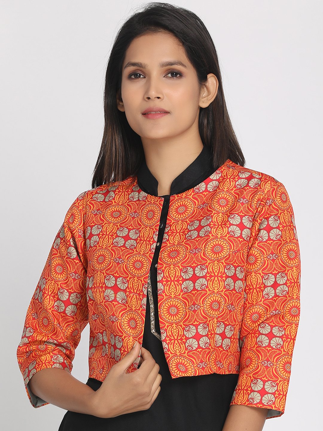 Multicoloured Silk Open Front Cropped Jacket
