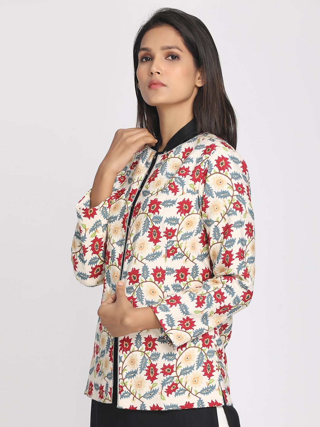 Tussar viscose floral printed open front jacket