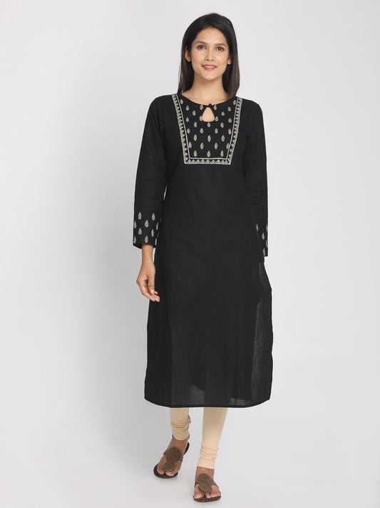 Nakshi Zari Embroidered Black Straight Long Kurti With Matching Mask