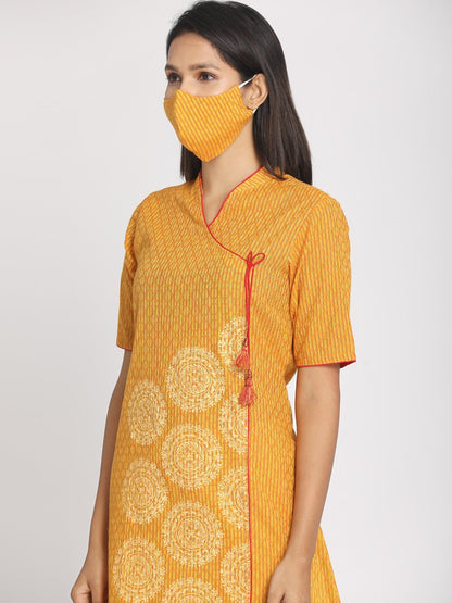 Nakshi Hand Block Printed Yellow Angarakha Style Kurti With Mask