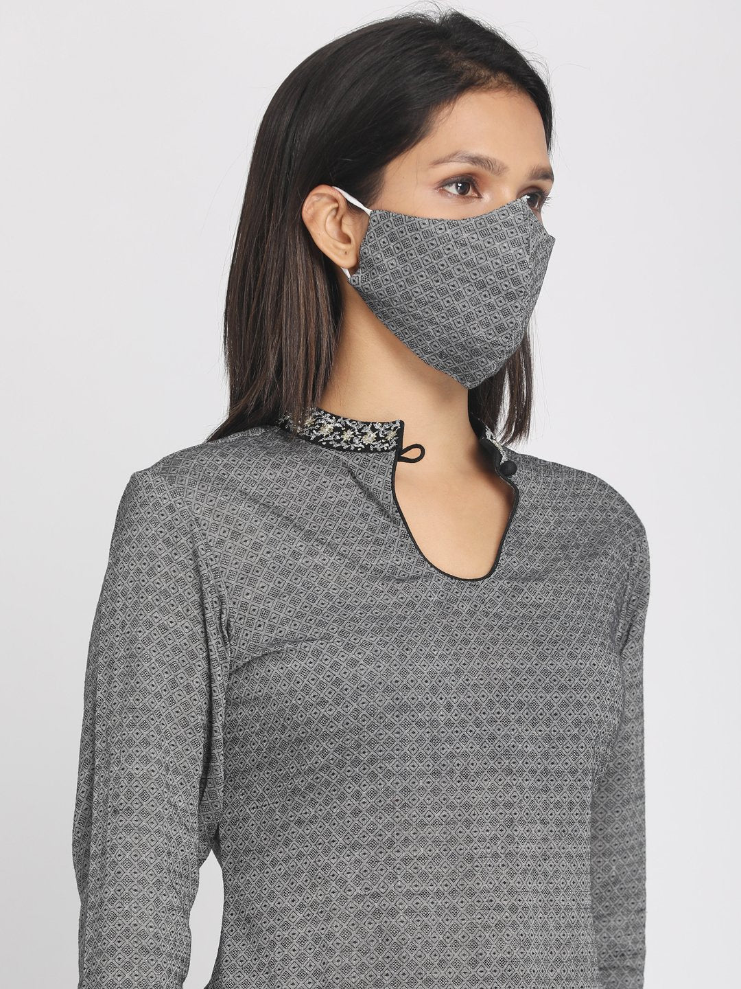Zari Embroidered Grey Straight Kurta With Mask