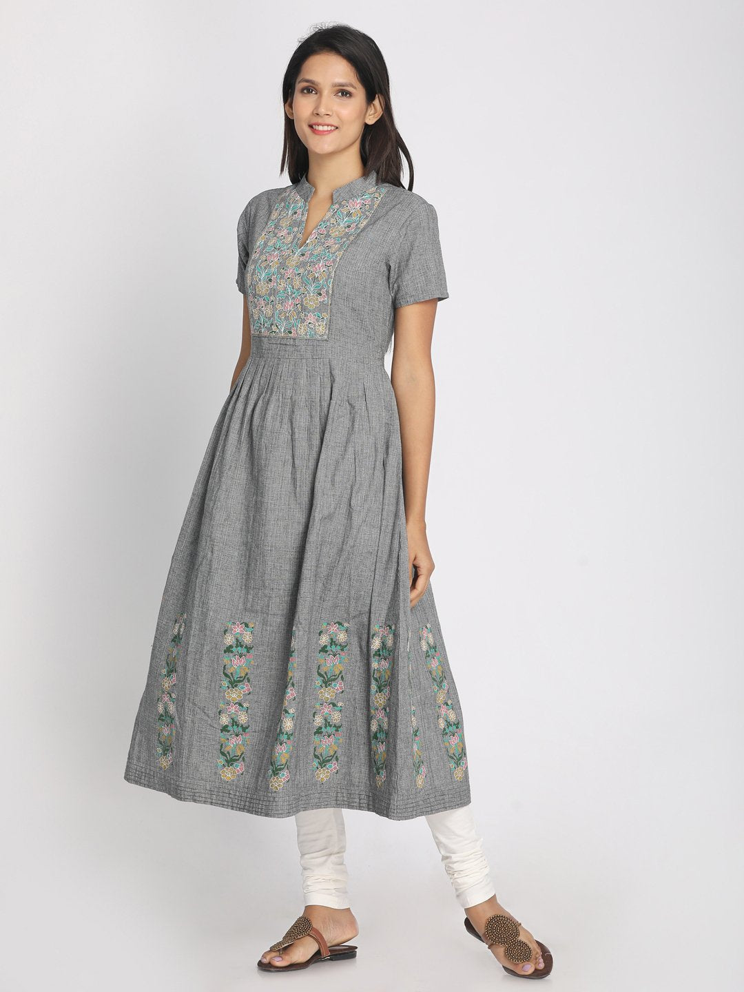 Block Printed and Embroidered Grey Maxi Dress With Mask