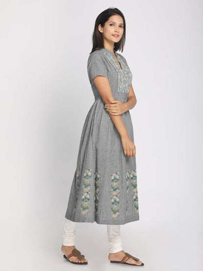 Nakshi Block Printed And Embroidered Grey Maxi Dress With Mask