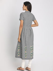 Block Printed and Embroidered Grey Maxi Dress With Mask