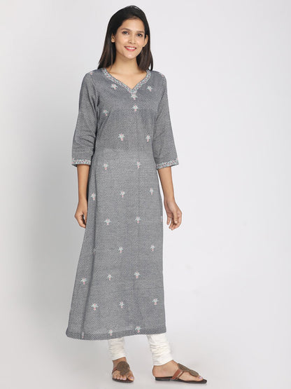 Nakshi 100% Cotton Grey Hand Embroidered & Self Designed Long Kurti