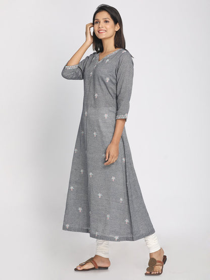 Nakshi 100% Cotton Grey Hand Embroidered & Self Designed Long Kurti