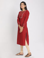 Load image into Gallery viewer, Zari embroideredred Red Straight Long Kurta With Mask
