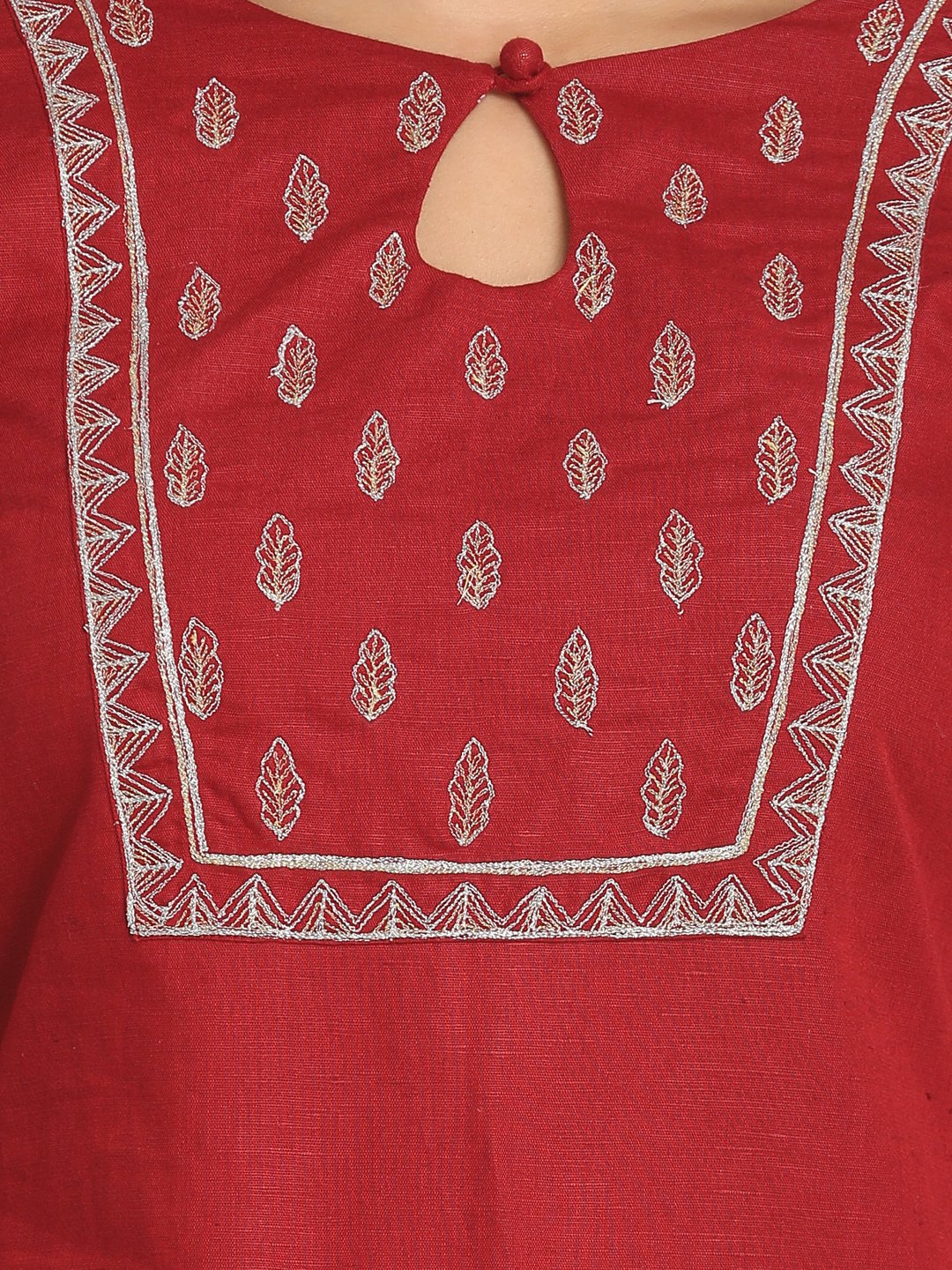 Zari embroideredred Red Straight Long Kurta With Mask