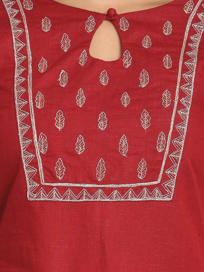 Nakshi Zari Embroidered Red Straight Long Kurti With Mask