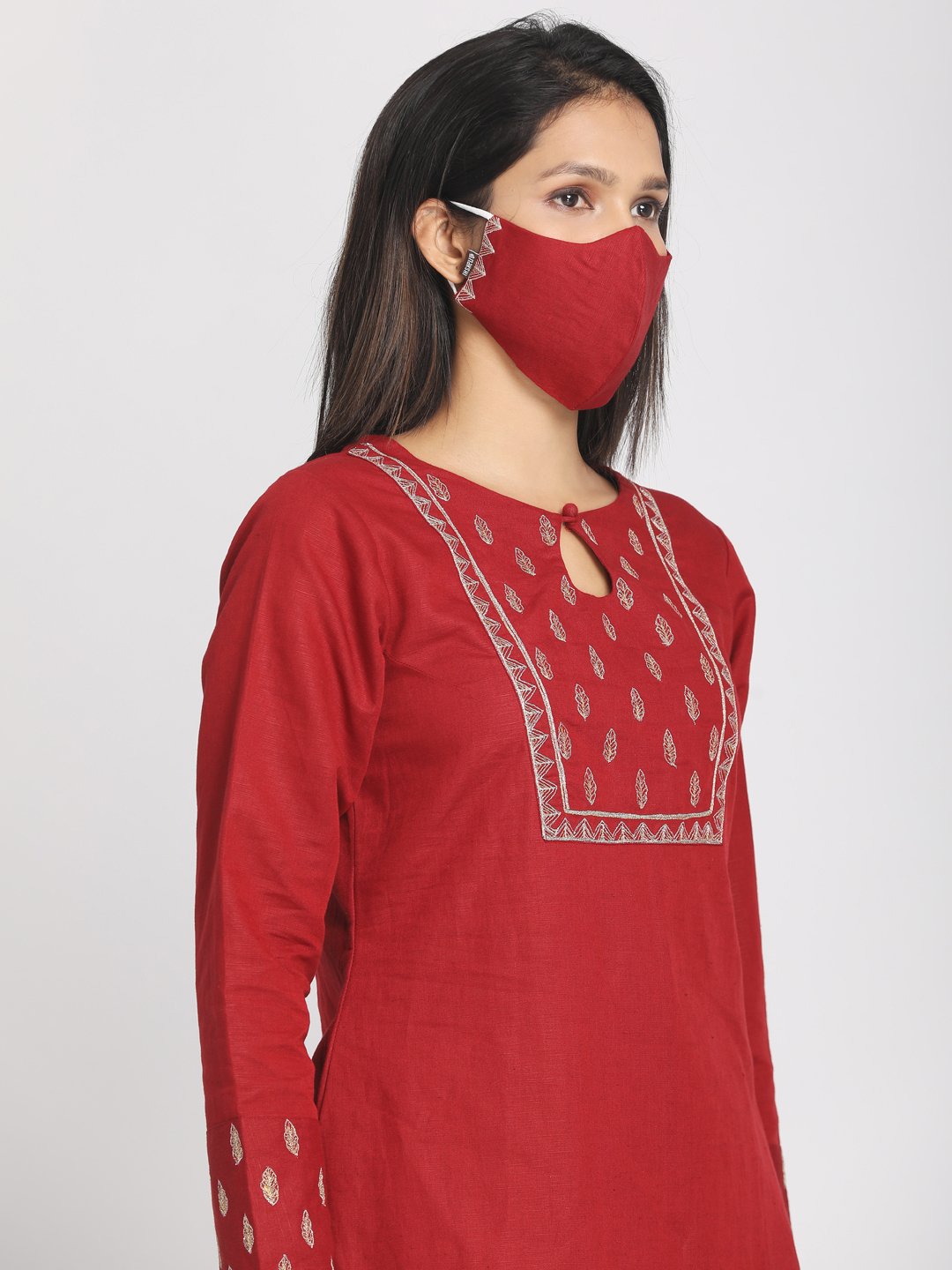 Zari embroideredred Red Straight Long Kurta With Mask