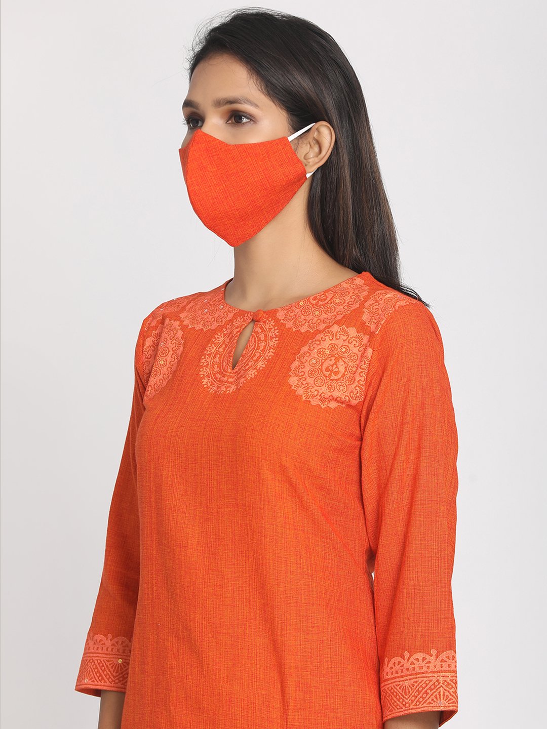 Block Printed Orange A-line Kurta With Mask