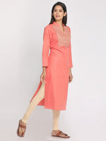 Load image into Gallery viewer, Zari embroidered Pink Straight long Kurta With Mask
