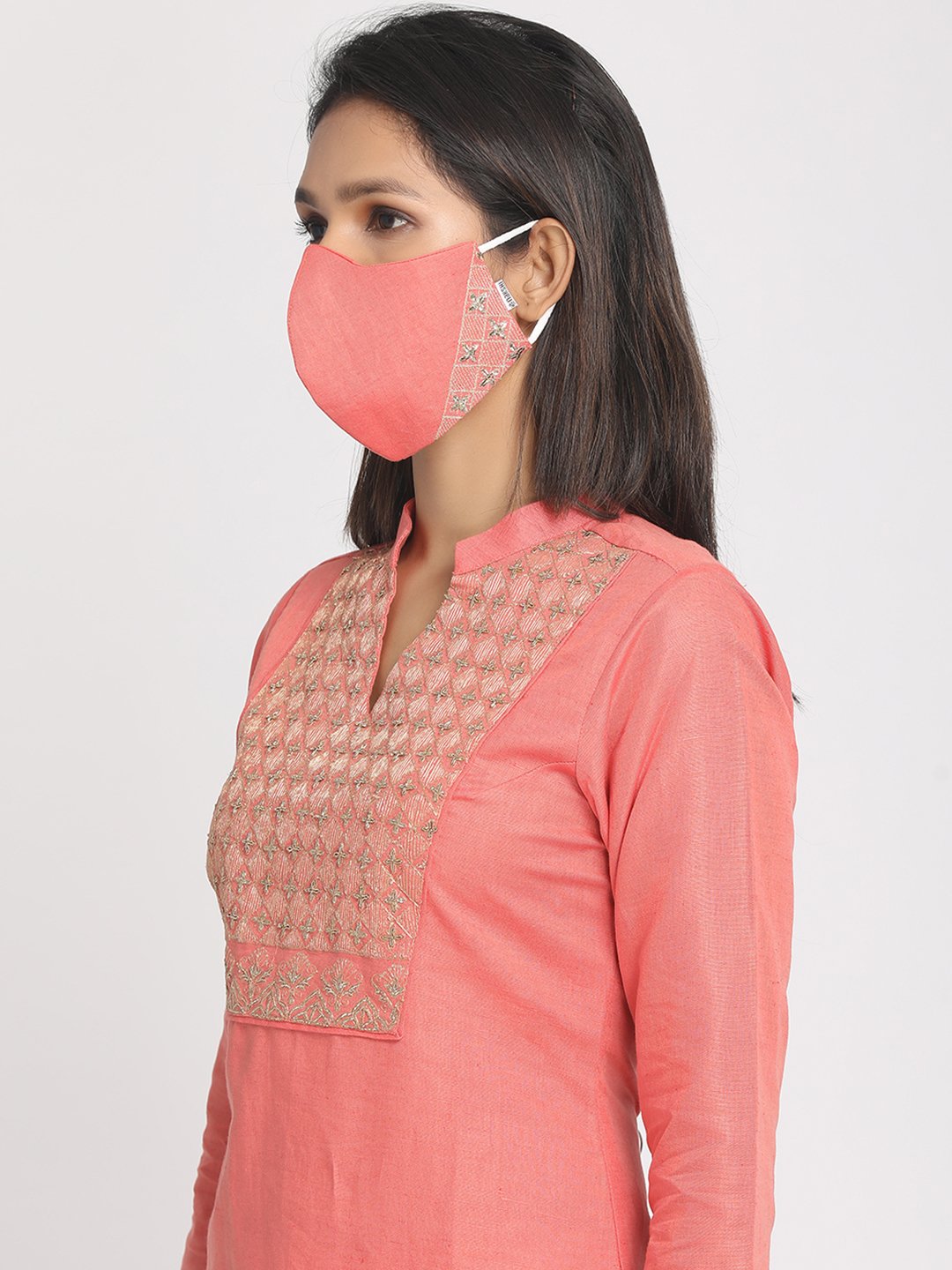 Nakshi Zari Embroidered Pink Straight Long Kurti With Mask