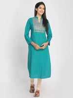 Load image into Gallery viewer, Zari embroidered Turquoise Blue Straight long Kurta With Mask
