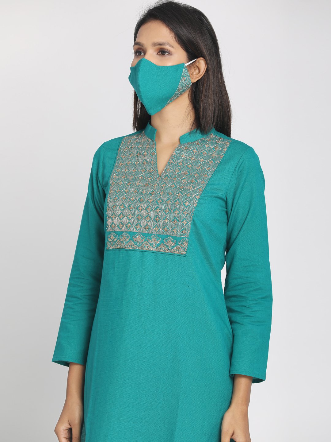 Zari embroidered Turquoise Blue Straight long Kurta With Mask