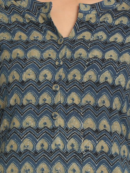 Nakshi 100% Cotton Dabu Printed Blue Long Kurti