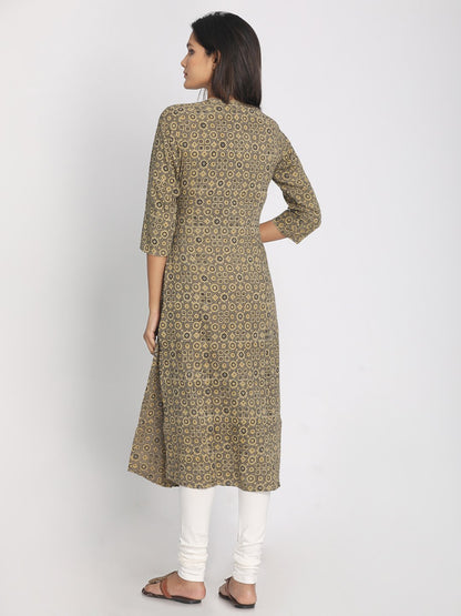 Nakshi 100% Cotton Ajrakh Printed Olive Coloured Long Kurti