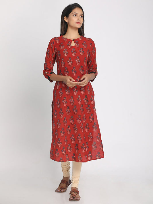 Nakshi 100% Cotton Ajrakh Printed Maroon Long Kurti